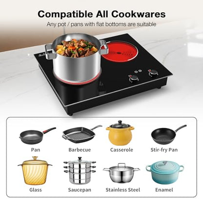 VBGK Electric Cooktop,2100W Built-in & Countertop 2 Burner Electric Cooktop,Electric Stove Top with10 Heating Level, Timer & Kid Safety Lock, LED Knob Touch Control Electric Burner with Plug - size: Double Burner Electric Cooktop