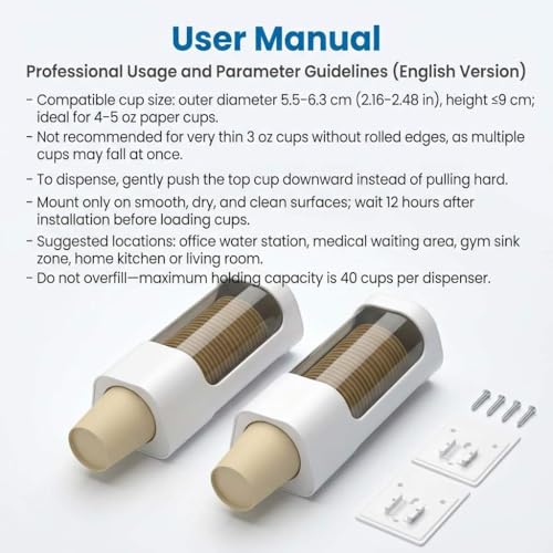 QWORK Wall Mounted Paper Cup Dispenser Set – 2 Pack, Fits 4–5 oz Cups with Smooth Pull Design for Office, Bathroom & Kitchen