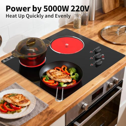 VBGK Electric Cooktop,24 inch 220V Electric StoveTop,Touch and Knob Control,LED,9 Power Levels, KidsLock & Timer Overheat Protection,500w3 burmercooktop. - size: 3 Burners Electric Cooktop