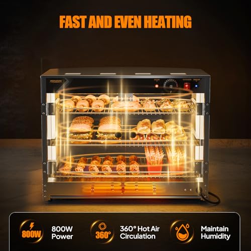 ROVSUN Food Warmer Pizza Warmer Countertop, 3-Tier Commerical Food Warmer Display with LED Lighting Removable Shelves Glass Door, Pretzel Warmer for Buffet Restaurant Cafe, 110V 800W - color: Silver, size: 3 Tier-26"