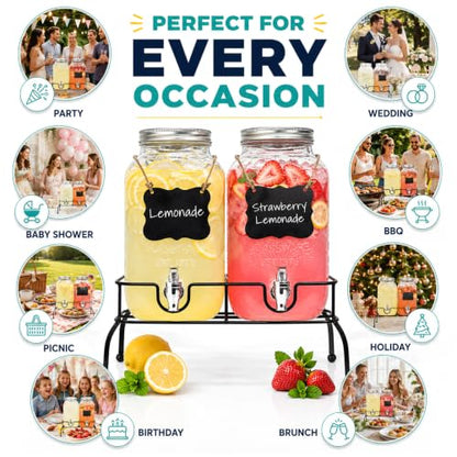 Estilo Set of 2 Glass Drink Dispensers,1 Gallon Beverage Dispenser With Lid - size: 1 Gallon, style: Double w/ Stand & Labels