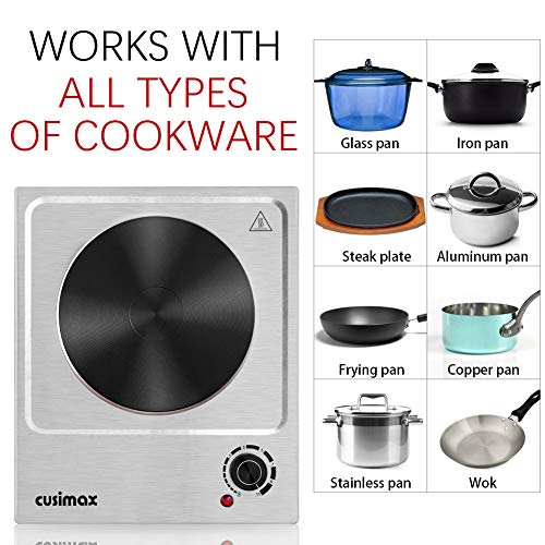 CUSIMAX Electric Hot Plate, 1500W Single Burner, Hot Plate for Cooking - color: Silver, size: Single