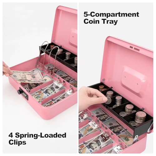 Cash Box with Combination Lock & Foam Auto-Pop Coin Tray – Secure Steel Money Box with 4 Upgraded Finger-Safe Bill Clips, Premium Smooth Scratch-Resistant Coating, 11.8", Combo Pink - color: Combo Pink