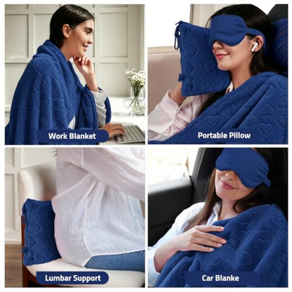 Travel Blanket, Airplane Blanket, Ultra-Soft, Warm & Lightweight, 65x40 in, Outdoor Blanket Essentials for Women, Men & Kids, Included Eye Mask, Luggage Sleeve & Backpack Clip Heart Navy Blue - color: Heart Navy Blue
