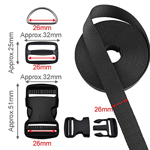 CooBigo 1 Inch Buckles Straps Set 6 Yards Black Nylon Webbing Strap 6 Pcs Quick Side Release Plastic Buckle Dual Adjustable 12pcs Tri-glide Slide Clip 12 Pcs Metal D Rings - color: 1"sets