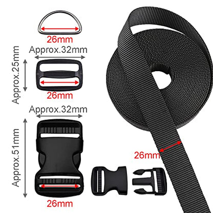 CooBigo 1 Inch Buckles Straps Set 6 Yards Black Nylon Webbing Strap 6 Pcs Quick Side Release Plastic Buckle Dual Adjustable 12pcs Tri-glide Slide Clip 12 Pcs Metal D Rings - color: 1"sets