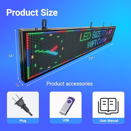 Programmable Scrolling P10 LED Display 77"x14" Large Outdoor Led Sign, High Brightness with 16-Level Dimming, WiFi Control, IP65 Waterproof LED Sign for Business, Restaurant, Shopping Mall Advertising - size: P10 77''×14"×2'' Outdoor& Indoor