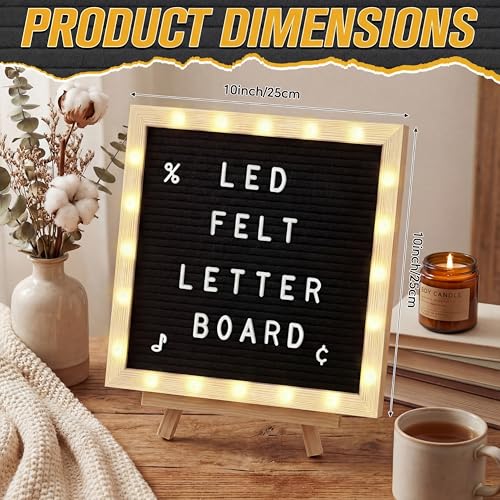 10 x 10 Inches Felt Letter Board & LED Light, Black, Natural Wood - color: Black, size: 10 x 10 Inches, style: Natural Wood