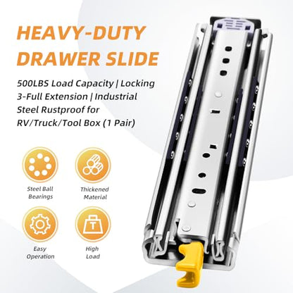 with Lock Heavy Duty Drawer Slides 12 14 16 18 20 22 24 26 28 30 32 34 36 40 44 48 52 56 60 Inch 500 Lbs Side Mount Full Extension Ball Bearing Rails Rail Tool Box Runner-W:76mm, 12 Inch - size: 12 Inch, style: Load:500 lb (With lock) -W:76mm