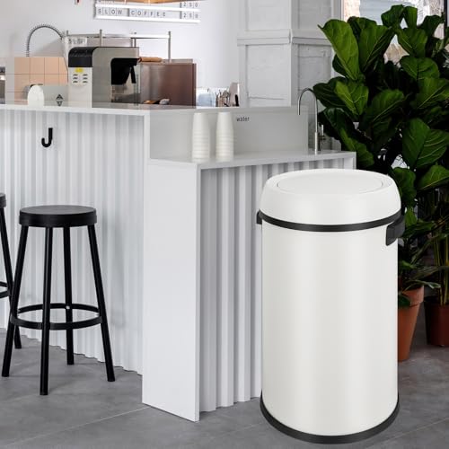 GarveeHome 17 gal/65 L Swing Top Trash Can, Stainless Steel Rubbish Bin, Commercial Grade Waste Container, Round Garbage Can for Outdoor, Home Office, Restaurant, White - color: White, Swing Lid