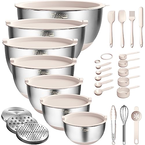 Wildone Mixing Bowls with Airtight Lids, Stainless Steel Nesting Bowls Set - color: Khaki
