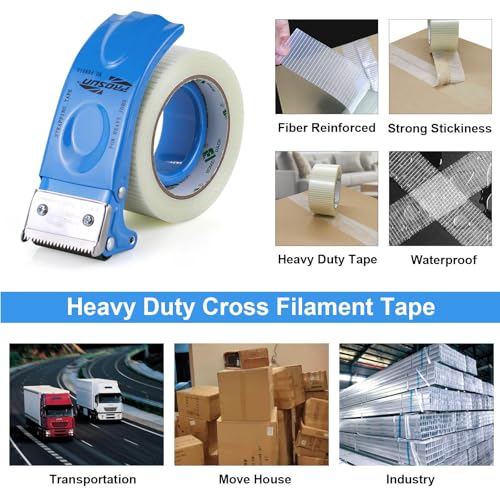BOMEI PACK 3Rolls Filament Strapping Tape 2Inch with Dispenser, Heavy Duty Fiberglass Reinforced Packing Tape for Shipping, Cross Bi Directional Filanent Tape 2inch x 30Yds x 5.9Mil, Total 90Yds