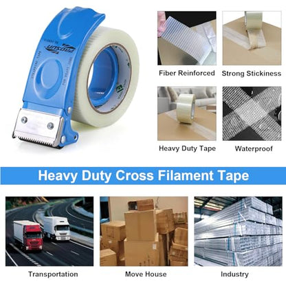 BOMEI PACK 3Rolls Filament Strapping Tape 2Inch with Dispenser, Heavy Duty Fiberglass Reinforced Packing Tape for Shipping, Cross Bi Directional Filanent Tape 2inch x 30Yds x 5.9Mil, Total 90Yds