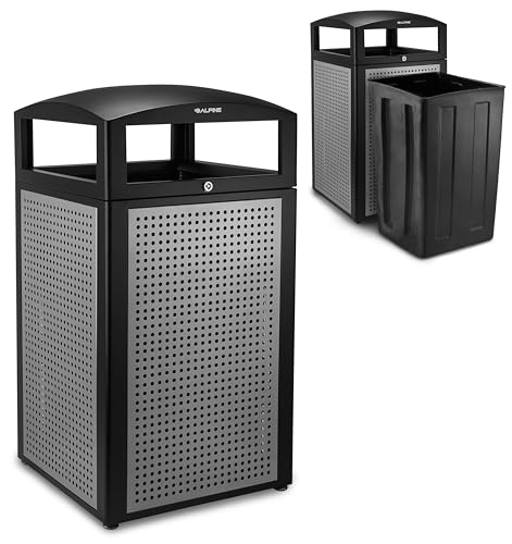 Alpine 40-Gallon Outdoor Commercial Trash Can with Locking Lid – Heavy-Duty Weather-Resistant Metal Garbage Bin with Removable Liner for Parks, Restaurants & Public Spaces