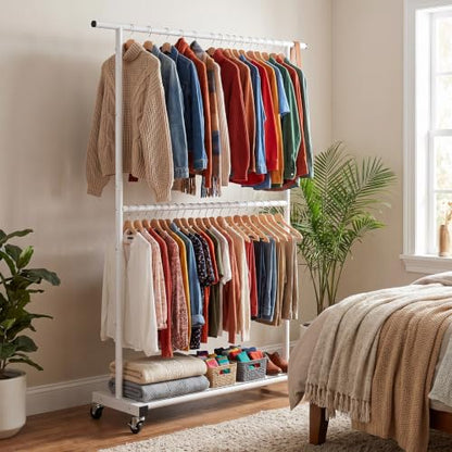 Sywhitta Double Rod Metal Clothing Rack on Wheels with Bottom Mesh,White - color: White, size: With mesh