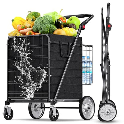 XINGLANG Heavy Duty Folding Shopping Cart – 5.7 Cu Ft, 600 lbs Capacity, Double Basket & Removable Waterproof Liner, 360° Swivel Wheels with Brakes, Adjustable & Rotating Handle for Laundry & Grocery - size: Gigantic
