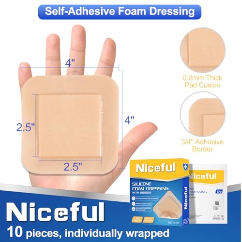 Niceful Silicone Foam Dressing 4"x4" 10 PCS Waterproof Bandages for Wound - size: 4"x4"(10 PCS)