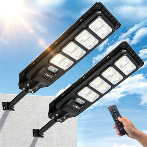 LANGY 2PACK Solar Street Lights Outdoor Lamp 200000 lumens with Remote Control,Dusk to Dawn Motion Sensor,IP66 Waterproof Solar Powered Outdoor Lamp for Parking Lots,Yard,Barn Basketball Court - size: 2PACK 200000LM