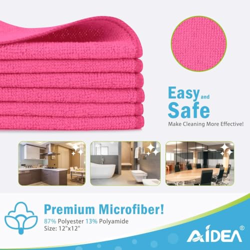 AIDEA Pink Microfiber Cleaning Cloth-50PK, Absorbent Cleaning Rags 12"x12" - color: Pink, size: 12in.x12in.
