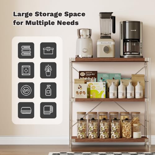 3-Tier Industrial Bookshelf, Wood and Metal Shelf Unit, Storage Bookcase - color: Walnut, size: 3T32IN