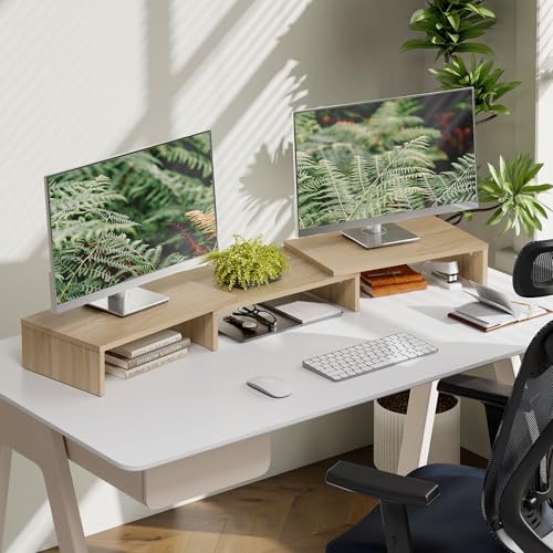 FITUEYES Dual Monitor Stand Riser, Adjustable Length and Angle, Oak - color: Oak