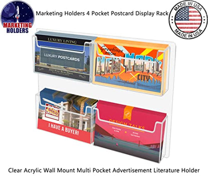 Marketing Holders Postcard Holder with Hanging Hardware 4 Slot Wall Mounting Clear Acrylic Multi-pocket for 6" x 4" Index Cards Organizer Rack Display Space Saver Hotels Motels - size: 13.5"W x 11"H x 1.75"D