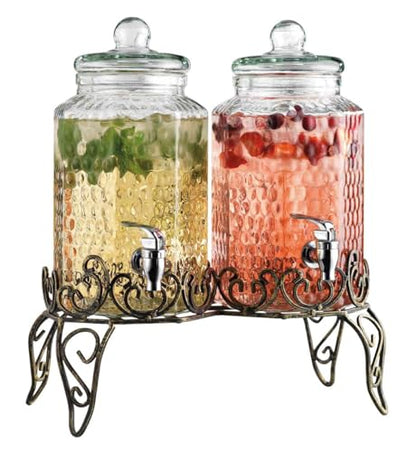 Glass Beverage Dispenser with Classy Metal Stand (Set of 2), 1.Gallon Glass Drink Dispenser with 100% Leak Proof Spigot, Party Drink Dispenser for Lemonade, Punch, Water, Juice for Parties - color: 1 Gallon 2 Pack