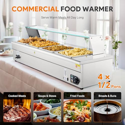 WILPREP 4-Pan Commercial Food Warmer with Sneeze Guard, Four 1/2 Pans, 1500W Countertop Electric Warmer, 86-185°F Adjustable Temp Control, Stainless Steel Buffet Bain Marie - size: 1/2 pan*4