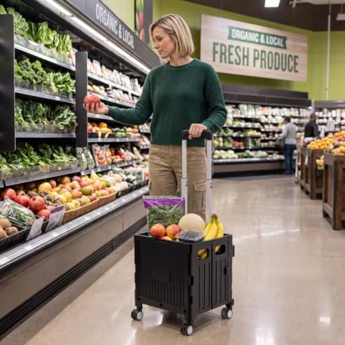 Foldable Shopping Cart with Wheels: Small Rolling Utility Crate - color: Black(s)