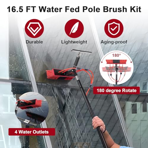 16.5ft Water Fed Pole Kit, Rotatable Solar Panel Cleaning Brush & Squeegee, 2 Dusting Brush, Extendable Black Lightweight Pole for Roof Window - color: 16.5ft, size: Small