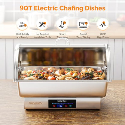 ROVSUN 9 QT 2 Pack Roll Top Electric Chafing Dishes for Buffet,Stainless Steel Chafing Dish Buffet Set with Temperature Control,Chafers and Buffet Warmers with Full & Half Size Pan for Party Catering - size: 2 Pack