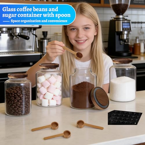 66oz Large Glass Storage Jar with Wooden Lids Spoons Labels Glass Coffee Ground Canister Borosilicate Glass Sugar Flour Container for Cookies Spice Rice Tea(2000ml/67oz-2 pack-with scoop) - color: 2000ml/67oz-2 pack-with scoop