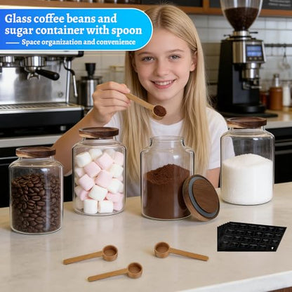 66oz Large Glass Storage Jar with Wooden Lids Spoons Labels Glass Coffee Ground Canister Borosilicate Glass Sugar Flour Container for Cookies Spice Rice Tea(2000ml/67oz-2 pack-with scoop) - color: 2000ml/67oz-2 pack-with scoop