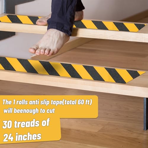 Oleitodh 2 in x 60 ft Anti-Slip Tape for Stairs, Black/Yellow, 80 Grit - color: Black Yellow, size: 2 in x 60 ft