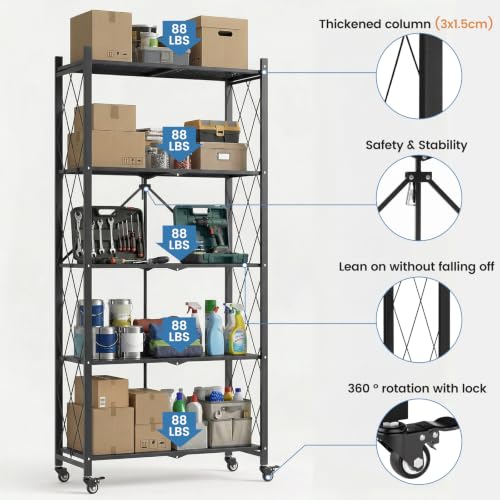 ALANNG 70.7" H Metal Storage Shelves, 5 Tier Folding Shelf on Wheels - color: Black