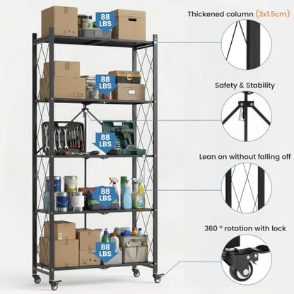 ALANNG 70.7" H Metal Storage Shelves, 5 Tier Folding Shelf on Wheels - color: Black