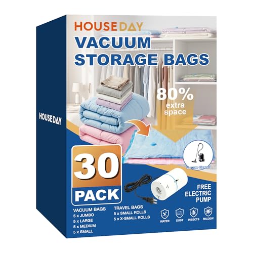 HOUSE DAY 30 Pack Vacuum Storage Bags with Electric Pump, 4 Sizes + 2 Roll-Up (5 Each), Space Saver Vacuum Seal Bags for Clothing, Bedding, Pillows, Travel – Airtight Seal, Reusable & Durable - size: 30 Combo-E PUMP