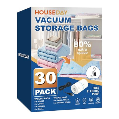 HOUSE DAY 30 Pack Vacuum Storage Bags with Electric Pump, 4 Sizes + 2 Roll-Up (5 Each), Space Saver Vacuum Seal Bags for Clothing, Bedding, Pillows, Travel – Airtight Seal, Reusable & Durable - size: 30 Combo-E PUMP