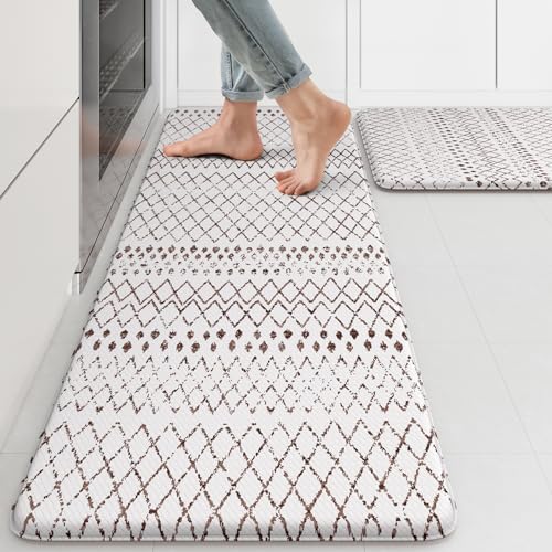 KIMODE Kitchen Mats 2PCS Cushioned Anti Fatigue Boho Kitchen Mats for Floor - color: Brown Diamond, size: 17.3" x 47 "+ 17.3" x 29 "--0.47 inches