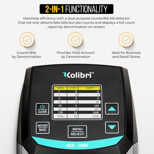 KOLIBRI KCD-2000 Advanced Counterfeit Bill Detector | All-Orientation Counterfeit Detection Bill Counter | Money Counter by Denomination | Detect Fake Bills Fast - size: Small (KCD-2000)