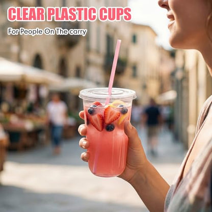 Ziliny 50 Pack 18 oz Plastic Cups with Lids Straws Iced Coffee, Pink - color: Pink, size: 18 oz
