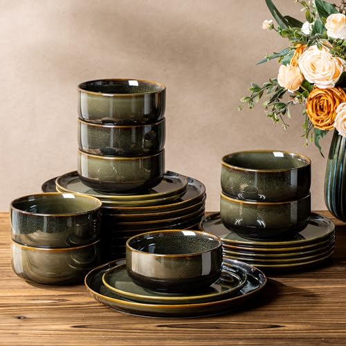 TheTerra Ceramic Dinnerware Set for 8, 24-Piece Plates and Bowls Set - color: Olive Green, size: Set (24pcs)