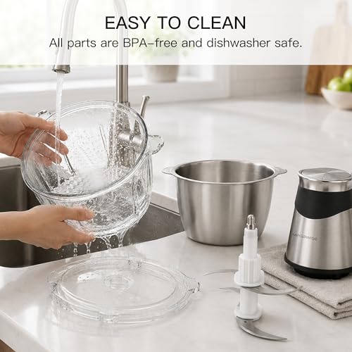 MEGAWISE 800W Electric Food Chopper, 2.2L Glass & 1.2L Stainless Bowls