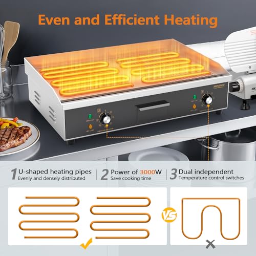 ROVSUN 30" Electric Griddle, Electric Countertop with Half Flat Top Griddle, 3000W Grill Stainless Steel with Adjustable Temperature Control 122°F-572°F for Commercial Home Restaurant, Plug - size: 30"