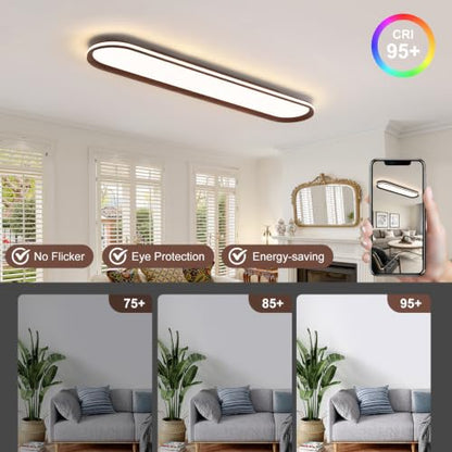 ADISUN Modern LED Ceiling Light Dimmable Linear Ceiling Light 39.4in Semi Flush Mount Long Lights with Remote Control and Side Lighting for Living Room Kitchen Dining Room Walnut - color: Walnut-1Pack, size: 39 Inch
