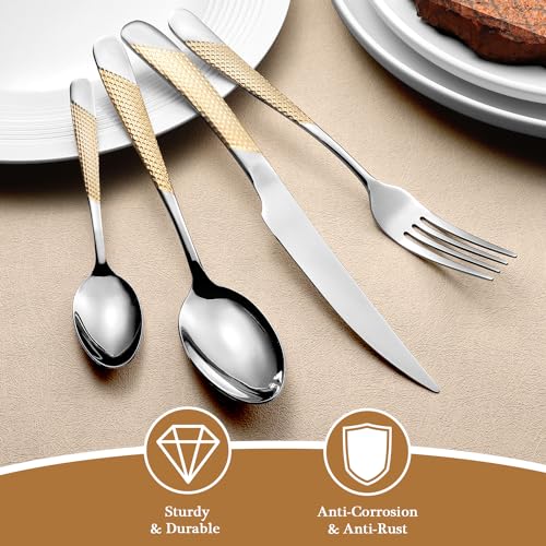 24 Piece Gold Hammered Silverware Set for 6, Premium Food-grade Stainless Steel Flatware Set, Luxury Design & Mirror Polished Cutlery Set, Eating Utensil Set with Fork Knife Spoon, Dishwasher Safe - color: Star Gold 24pcs