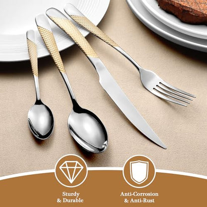16 Piece Gold Hammered Silverware Set for 4, Premium Food-grade Stainless Steel Flatware Set, Luxury Design & Mirror Polished Cutlery Set, Eating Utensil Set with Fork Knife Spoon, Dishwasher Safe - color: Star Gold 16pcs