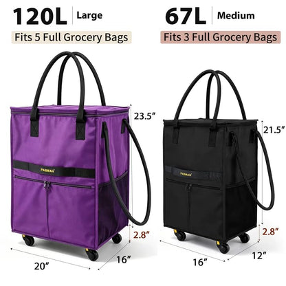 PASMAN Reusable Foldable Rolling Grocery Bag on 5 Wheels,Large,Matte Black - color: Matte-black, size: Large