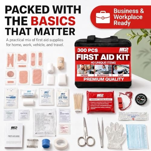 M2 BASICS 300 Piece First Aid Kit w/Durable Bag for Home, Business, Office