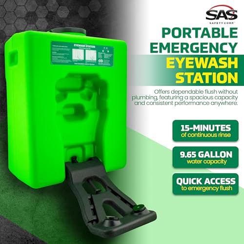 SAS Safety Corp Eyewash Station. 9.65 Gallon Capacity. Green Color. Portable Gravity Fed. Lockable Cap. Portable Unit Measures 20.15" x 16.5" x 9.5". (5134-00)